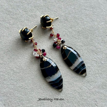 Load image into Gallery viewer, Banded agate, ruby and obsidian stud earrings (detachable dangle)