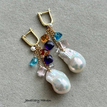Cargar imagen en el visor de la galería, Baroque pearl, blue topaz, citrine, amethyst and rose quartz earrings