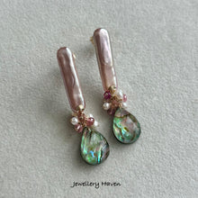 Load image into Gallery viewer, Pink lilac rectangular pearl and abalone shell earrings