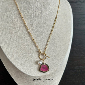 Watermelon tourmaline slice toggle necklace