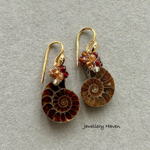 Ammonite and gems cluster earrings