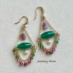 Green onyx and tourmaline chandelier earrings