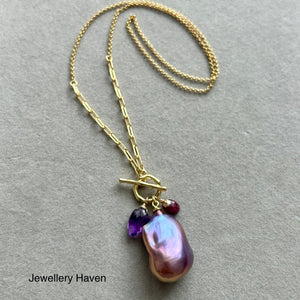 Deep purplish iridescent baroque pearl toggle necklace