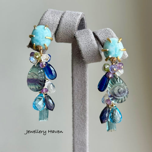 RESERVED for J… Carved fluorite gems clusters with larimar studs earrings