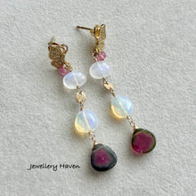 Charger l&#39;image dans la galerie, Watermelon tourmaline, moonstone and opal earrings