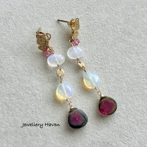 Watermelon tourmaline, moonstone and opal earrings