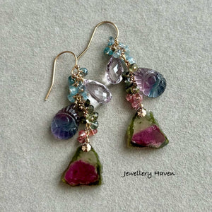 Watermelon tourmaline, fluorite, pink amethyst earrings