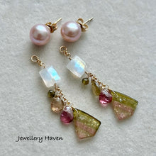 Load image into Gallery viewer, Rare tourmaline slice dangle with round fresh water pearl studs