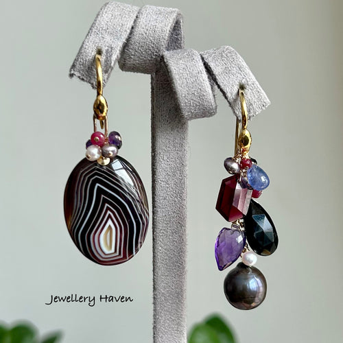 Banded black agate asymmetrical earrings