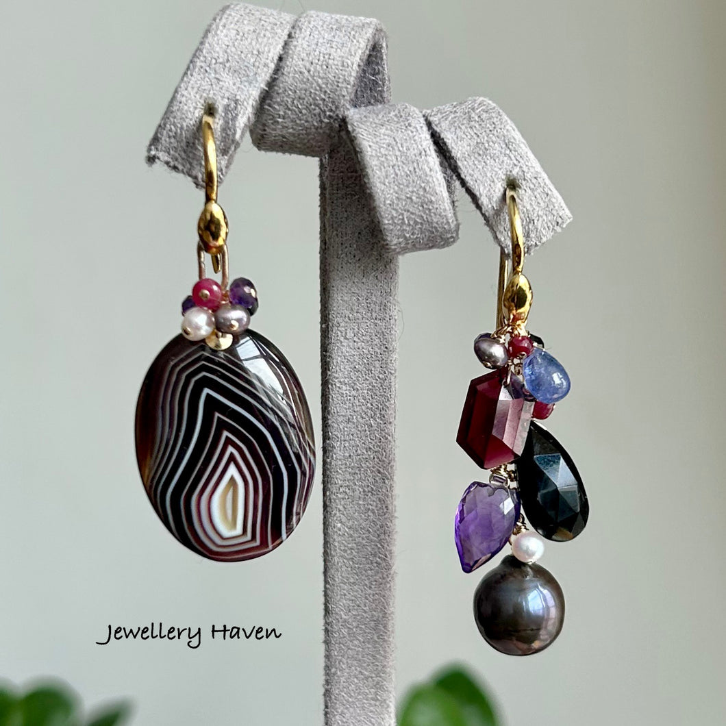 Banded black agate asymmetrical earrings