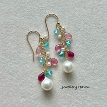 画像をギャラリービューアに読み込む, Pink tourmaline, apatite and pearl earrings