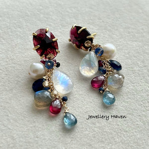 Moonstone, blue sapphires, labradorite clusters with garnet studs earrings