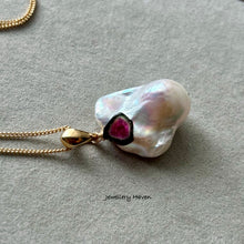 Charger l'image dans la galerie, Rainbow iridescent baroque pearl, watermelon tourmaline pendant necklace