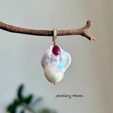 Laden Sie das Bild in den Galerie-Viewer, Reserved … Rainbow iridescent baroque pearl and ruby pendant