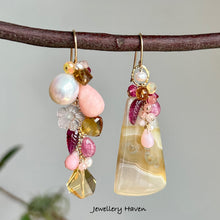 Load image into Gallery viewer, Orbicular yellow agate asymmetrical earrings