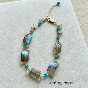 Labradorite and neon blue apatite bracelet