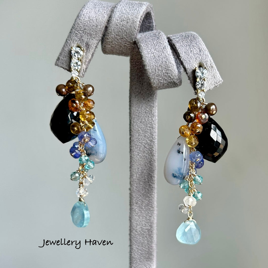 Dendritic opal, black spinel earrings