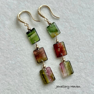 Rare tourmaline triple slice dangle earrings