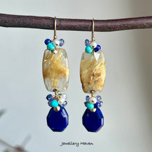 Charger l'image dans la galerie, Golden rutilated quartz and lapis lazuli earrings