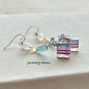 Rainbow fluorite, kyanite and moonstone earrings