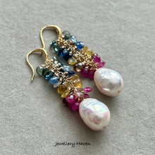 Load image into Gallery viewer, Multi colour sapphires and Edison pearl earrings