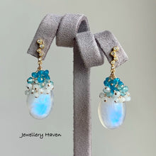 Load image into Gallery viewer, Blue flash rainbow moonstone earrings