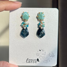 Load image into Gallery viewer, Teal moss kyanite with larimar studs earrings