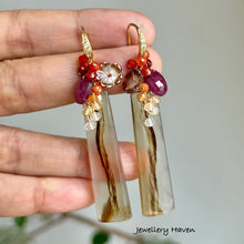 Cargar imagen en el visor de la galería, Montana agate, Ruby, Mexican fire opal earrings
