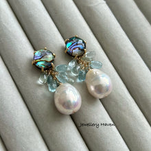 Charger l'image dans la galerie, Edison pearl, aquamarine and abalone shell stud earrings (detachable)