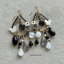 Load image into Gallery viewer, Black spinel, moonstone, snowflake obsidian chandelier earrings