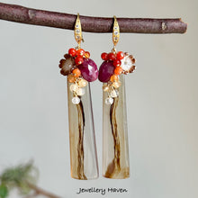 Cargar imagen en el visor de la galería, Montana agate, Ruby, Mexican fire opal earrings