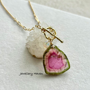 Large Watermelon tourmaline slice toggle necklace