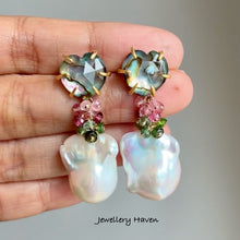 Load image into Gallery viewer, Tourmaline, baroque pearl and heart shape abalone shell stud earrings (detachable style)