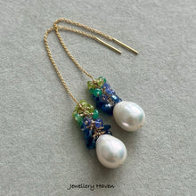 Charger l'image dans la galerie, Edison pearl, blue sapphire, tanzanite, emerald threader earrings
