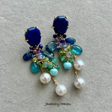 Load image into Gallery viewer, Lapis lazuli, akoya pearls, kyanite, emeralds earrings