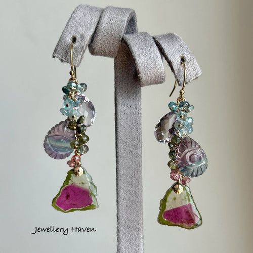 Watermelon tourmaline, fluorite, pink amethyst earrings