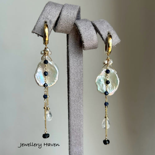 Keshi pearl, blue sapphire earrings