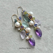Load image into Gallery viewer, Pearl, amethyst, fluorite, pink amethyst carved leaf earrings