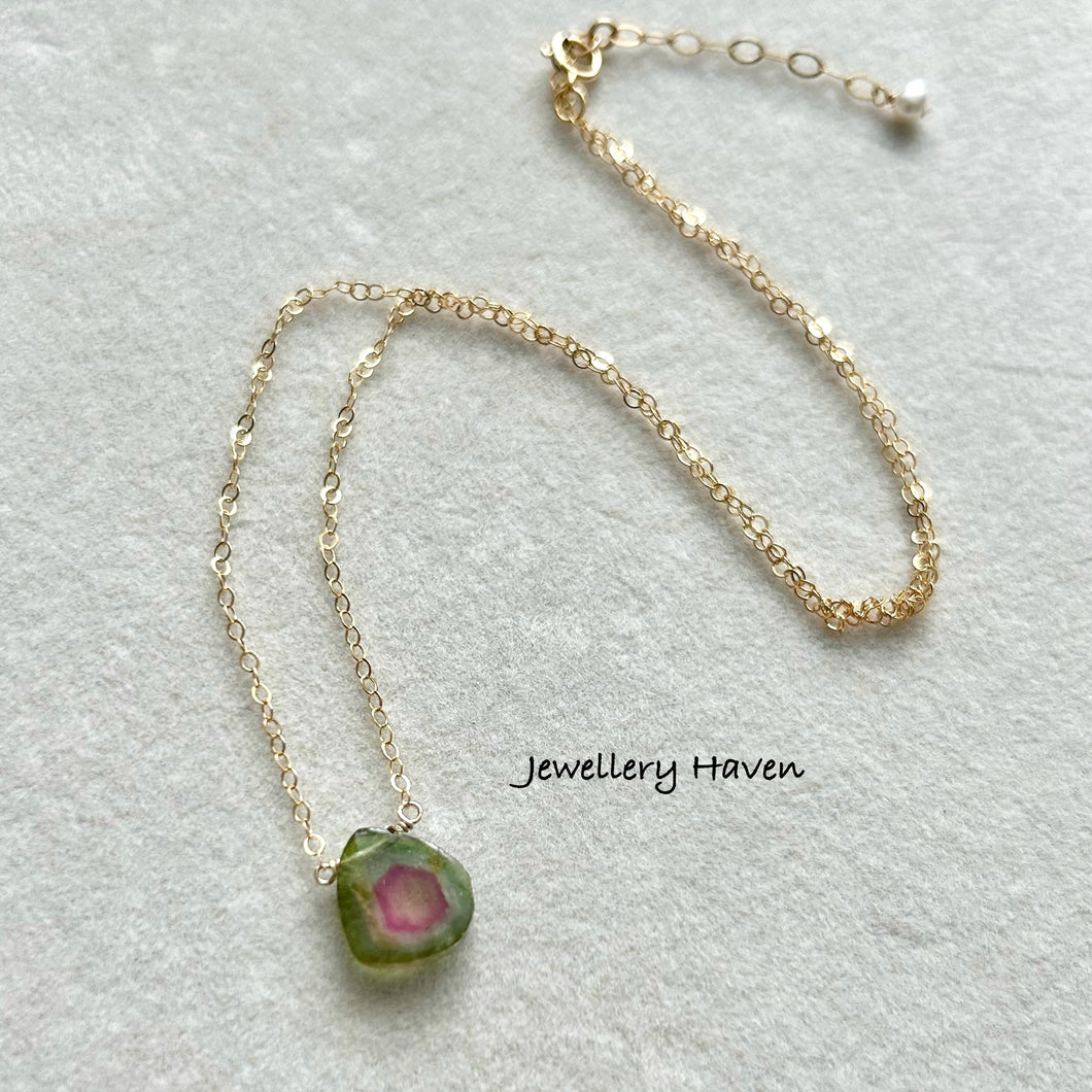 Watermelon tourmaline slice necklace #1 Gold