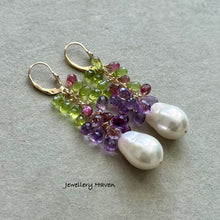 Load image into Gallery viewer, White Edison pearl, pink tourmaline, peridot and pink amethyst earrings