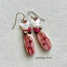 Load image into Gallery viewer, Rhodochrosite and mother of pearl butterfly earrings