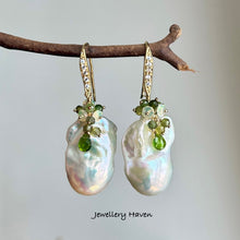Load image into Gallery viewer, Iridescent baroque pearl, Ethiopian opal and green tourmaline earrings