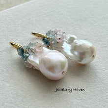 Cargar imagen en el visor de la galería, Baroque pearls, aquamarine and pink morganite cluster earrings