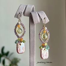 Load image into Gallery viewer, Lilac iridescent pearl, amethyst and peridot earrings