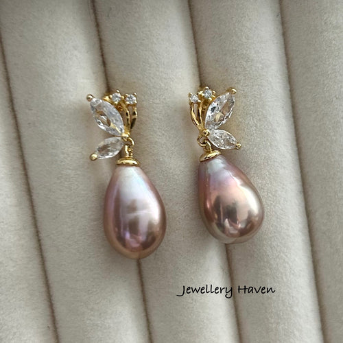 Metallic iridescent Edison pearl butterfly stud dangle earrings