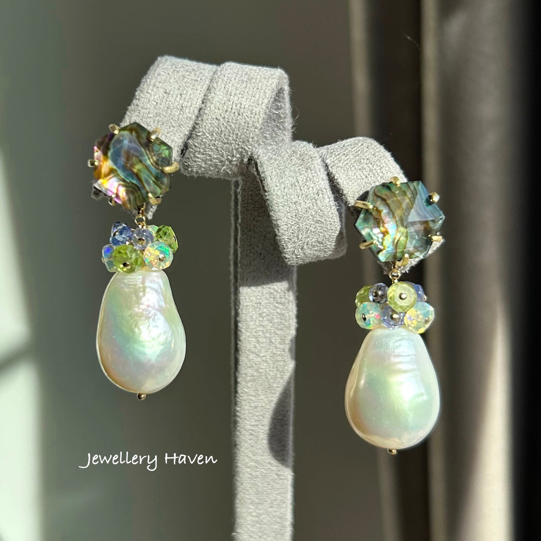 Edison pearl and hexagon abalone shell stud earrings (detachable dangle)