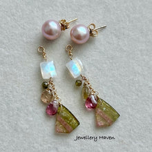 Load image into Gallery viewer, Rare tourmaline slice dangle with round fresh water pearl studs