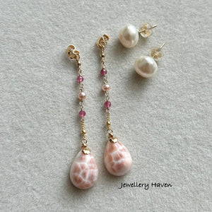 Pink Natrolite with keshi pearl studs earrings (detachable)