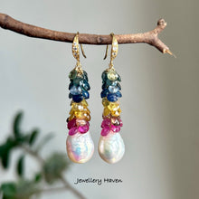 Load image into Gallery viewer, Multi colour sapphires and Edison pearl earrings