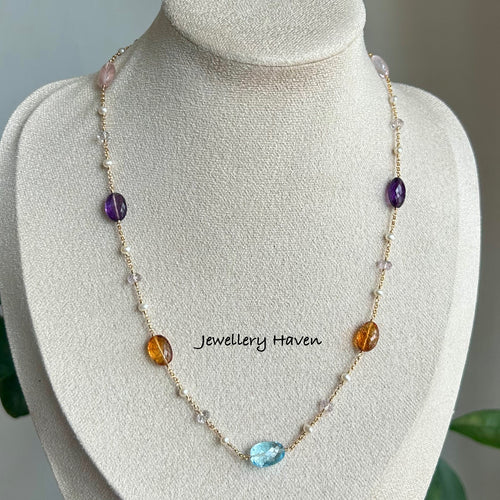 Blue topaz, citrine, amethyst and rose quartz nugget necklace